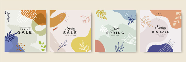 Poster - Beige pink abstract square art design templates with floral and geometric elements vector illustration. Good for social media posts, mobile apps, banners design and web or internet ads.