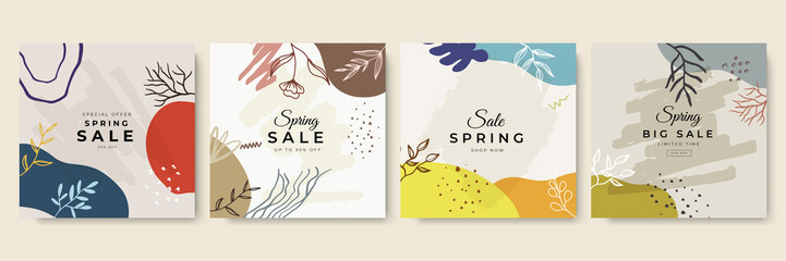 Poster - Beige pink abstract square art design templates with floral and geometric elements vector illustration. Good for social media posts, mobile apps, banners design and web or internet ads.