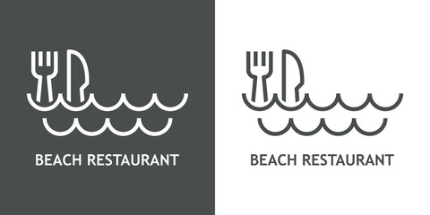 Poster - Logo con texto Beach Restaurant con silueta de cubiertos en olas con líneas en fondo gris y fondo blanco