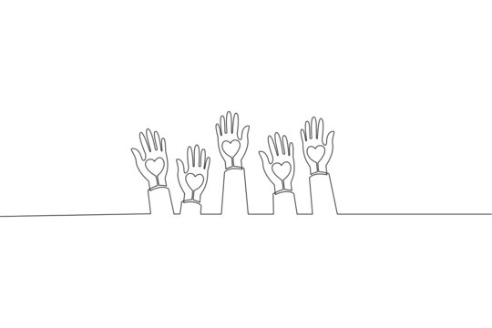Continuous line drawing of Human hands volunteer with hearts on white background.