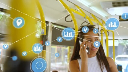 Poster - Animation of network of connections with icons over biracial woman talking on smartphone