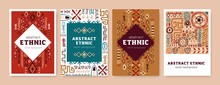 Card Designs With Ethnic African Tribal Ornaments. Abstract Background Design Templates With Ancient Tribe Geometric Drawn Elements, Patterns, Shapes, Symbols. Isolated Flat Vector Illustrations Set