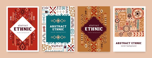 Poster - Card designs with ethnic African tribal ornaments. Abstract background design templates with ancient tribe geometric drawn elements, patterns, shapes, symbols. Isolated flat vector illustrations set