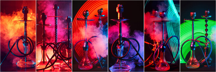 Wall Mural - Collage of many different hookahs with smoke and coals with neon light for banner design