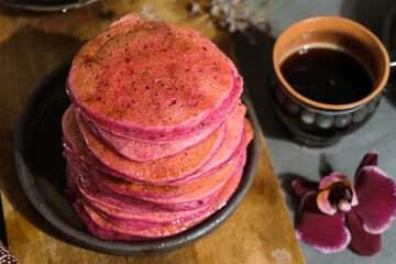 Wall Mural - Pink beet pancakes breakfast