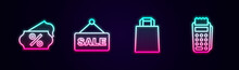 Set Line Discount Percent Tag, Hanging Sign With Text Sale, Paper Shopping Bag And POS Terminal. Glowing Neon Icon. Vector