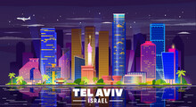 Tel Aviv Israel Night Skyline With Panorama In Sky Background. Vector Illustration. Business Travel And Tourism Concept With Modern Buildings. Image For Presentation, Banner, Web Site.