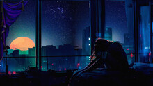 A Girl Sad Alone Lonely Sadness Feeling Beside The Window Buildings Night Scene Digital Art Painting 3d Illustration