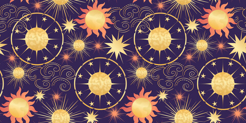 Wall Mural - Star celestial seamless pattern with sun and planet. Magical astrology in vintage boho style. Golden sun with rays and stars. Vector illustration.