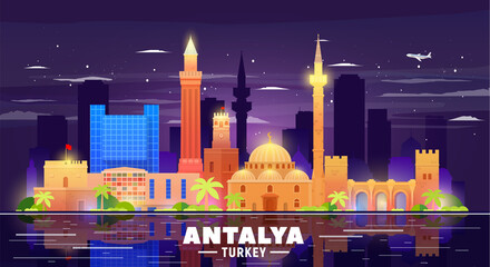 Wall Mural - Antalya ( Turkey ) skyline with panorama in night background. Vector Illustration. Business travel and tourism concept with modern buildings. Image for presentation, banner, placard and web site.