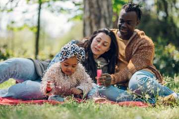 Diverse family blowing soap bubbles in park