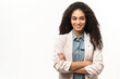 © Vadim Pastuh - Happy young multiracial woman with folded arms stands near empty space. Cheerful female youngster with arms crossed isolated white colour background