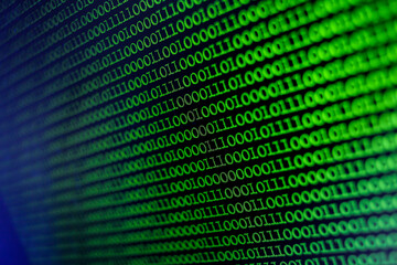 Wall Mural - Binary Code Background. Technology abstract green background, green binary code on computer screen texture background. An image of a binary code made up of a set of green digits on a black background