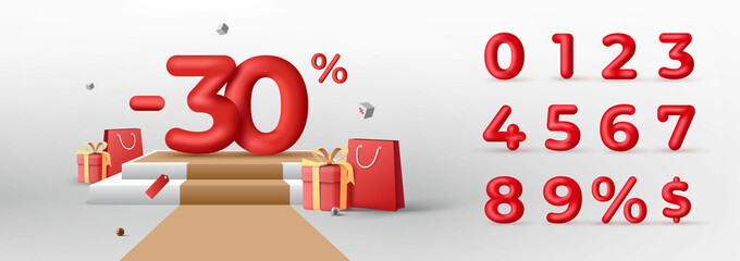 3D Red Discount numbers on podium with shopping bag and gift box vector. Price off tag design collection. 0, 1, 2, 3, 4, 5, 6, 7, 8, 9, percent and dollar illustration.