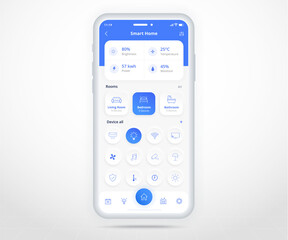 Smartphone smart home controlled app UX UI, IOT Internet of things technology, Digital future home automation tech, smart devices application phone, Wifi cctv lighting music air, vector illustration