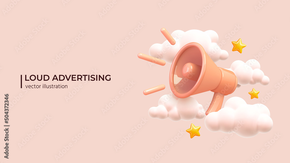 Loudspeaker with lightning with clouds and stars around. Marketing or ...