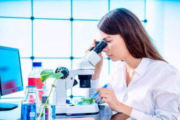 Wall Mural - Young woman with microscope in GMO laboratory. Study of green plant of agricultural plants with a microscope