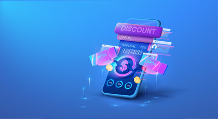 Wall Mural - a phone with a coupon, a special offer of the store. store special offers advertisement. neon blue p