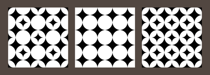 Set of 3 tiles. Black and white tiles collection. Azulejos art design. Spanish, Portugease tiles set. Seamless pattern.
