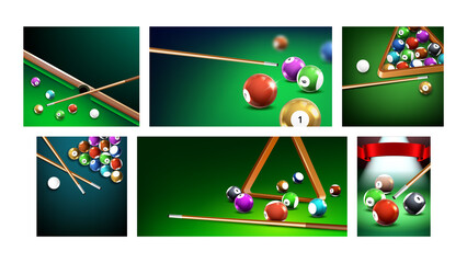 Wall Mural - Billiard Creative Promotion Posters Set Vector. Billiard Competition And Championship Event In Sport Club, Balls And Cue For Playing On Advertising Banners. Style Concept Template Illustrations