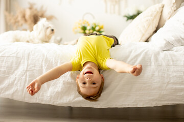 Sticker - Cute little preschool boy with his pet dog, playing together in bed