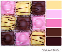 Fancy Cakes In Checkerboard Pattern, In A Colour Palette With Complimentary Colour Swatches