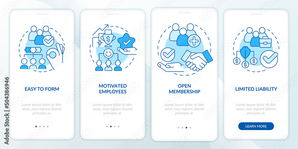 Benefits of co-ops blue onboarding mobile app screen. Partnership ...