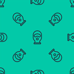 Poster - Blue line Balaclava icon isolated seamless pattern on green background. A piece of clothing for winter sports or a mask for a criminal or a thief. Vector