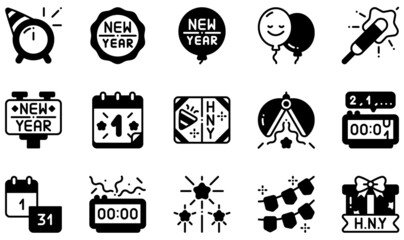 Canvas Print - Set of Vector Icons Related to New Year. Contains such Icons as Badge, Balloon, Calendar, Card, Countdown, Fireworks and more.