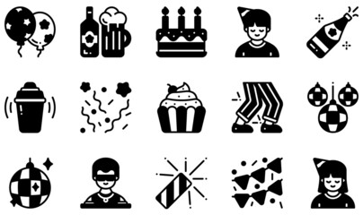 Sticker - Set of Vector Icons Related to Party. Contains such Icons as Balloons, Birthday Cake, Champagne, Confetti, Disco, Garland and more.