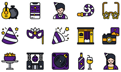 Sticker - Set of Vector Icons Related to Party. Contains such Icons as Live Music, Party Blower, Party Hat, Party Mask, Photo Booth, Snack and more.