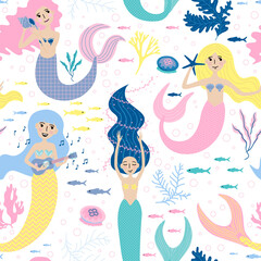 Seamless pattern with cute mermaids