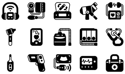 Poster - Set of Vector Icons Related to Medical Equipment. Contains such Icons as Audiometer, Blood Pressure, Centrifuge, Colposcope, Defibrillator, Otoscope and more.