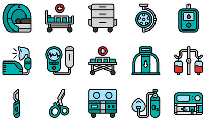 Sticker - Set of Vector Icons Related to Medical Equipment. Contains such Icons as Mri, Trolley, Glucose Meter, Nebulizer, Stretcher, Scalpel and more.