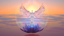 3d Illustration Of A Translucent Astral Angel At Dawn Standing On A Lotus