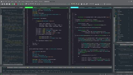 Fototapete - Developer Software Code Mock-up with Generic Programming Language. Dark Interface with Multiple Windows. Night Mode Template for Computer Displays and Laptop Screens.