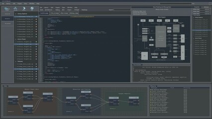 Fototapete - Developer Software Code Mock-up with Generic Programming Language. Grey Monitoring Interface with Multiple Windows. Night Mode Template for Computer Displays and Laptop Screens.