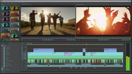 Video Editing Software Mock-up Animation with Lifestyle Shoot Project with Happy Young People. Grey Interface with Multiple Settings Windows. Template for Computer Displays and Laptop Screens.