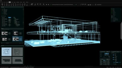 Leinwandbilder - Architecture 3D Software Mock-up Animation with Private Country House Project with Interior Design. Dark Night Mode Interface Template for Computer Displays and Laptop Screens.