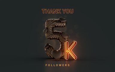 5k follower celebration banner on dark background with neon glow lighting 3d render concept