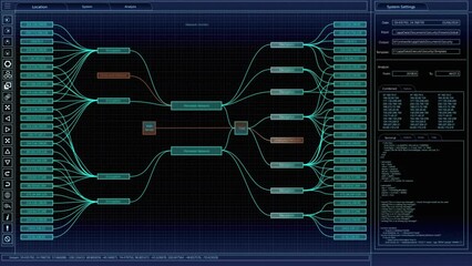 Advanced Monitoring System with Technical Web Server Infographics. Dark Night Mode Interface. Animated Mock-up Template for Computer Displays and Laptop Screens in a Control Room.