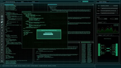 Aufkleber - Software Backend Mock-up with Software Loading Screen Animation. Dark Project Monitoring Interface with Multiple Windows. Template for Computer Displays and Laptop Screens.