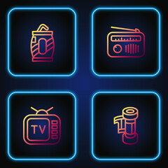 Sticker - Set line Camera roll cartridge, Retro tv, Soda can with straw and Radio antenna. Gradient color icons. Vector