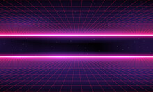 Retro Cyberpunk Style 80s Sci-Fi Background Futuristic With Laser Grid Landscape. Digital Cyber Surface Style Of The 1980`s. 3D Illustration. Double Grid Landscape, Retrofuturism Style
