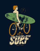 Bike To Surf. Person Riding Bicycle With Surfboard. Summer Sports Distressed Silkscreen T-shirt Print Vector Illustration