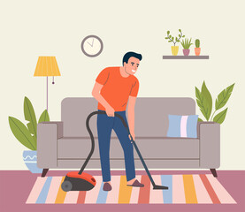 Wall Mural - Man vacuuming the flooring the living room. Vector flat style illustration