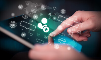 Aufkleber - Close-up of a hand using tablet, social media concept