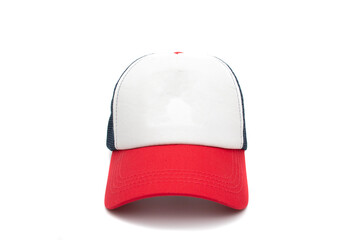 Wall Mural - A navy blue, red, white baseball cap, isolated on white background.