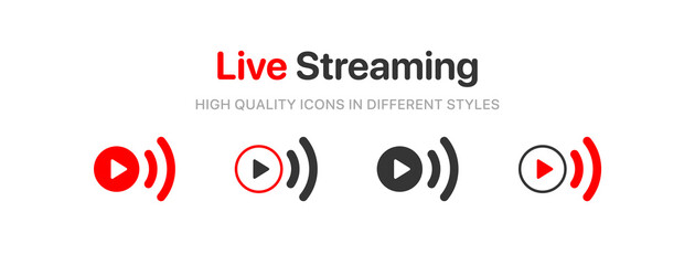 Poster - Live streaming icon set. Set of live stream icons. Set of video broadcasting icon.. Button, red symbols for TV, news, movies, shows. Online stream icons.