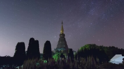 Wall Mural - time lapse 4k of star trails moving over a sacred temple at doi inthanon national park, chiang mai, 